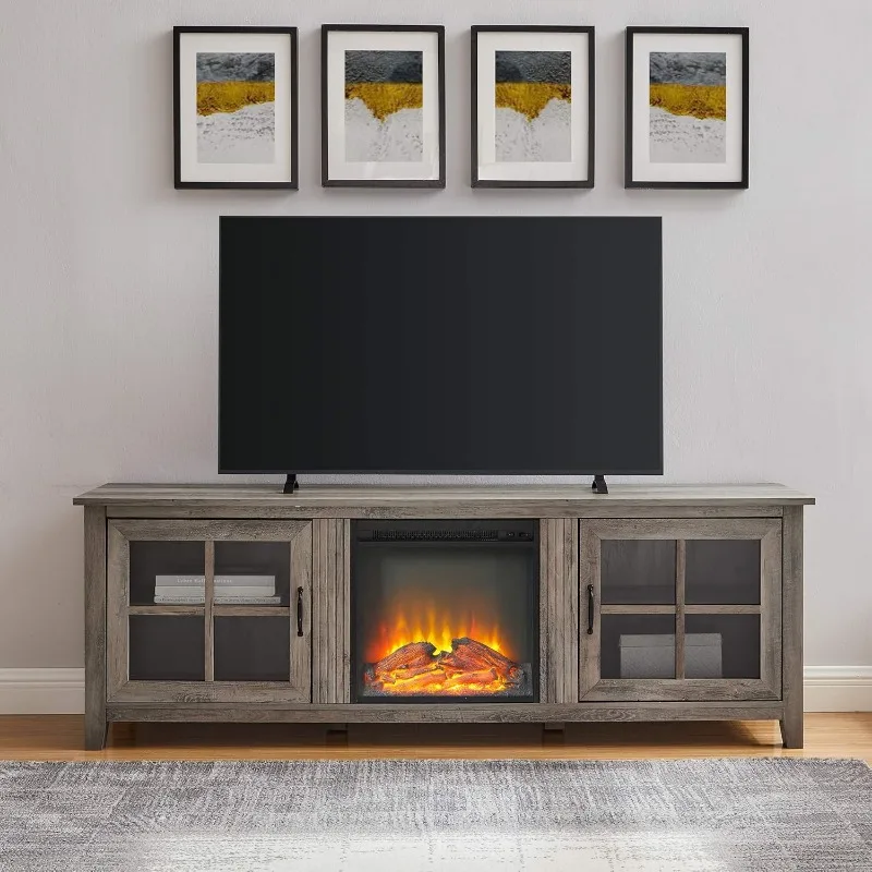 Bern Classic 2 Glass Door Fireplace TV Stand for TVs up to 80 Inches, 70 Inch, Grey Wash