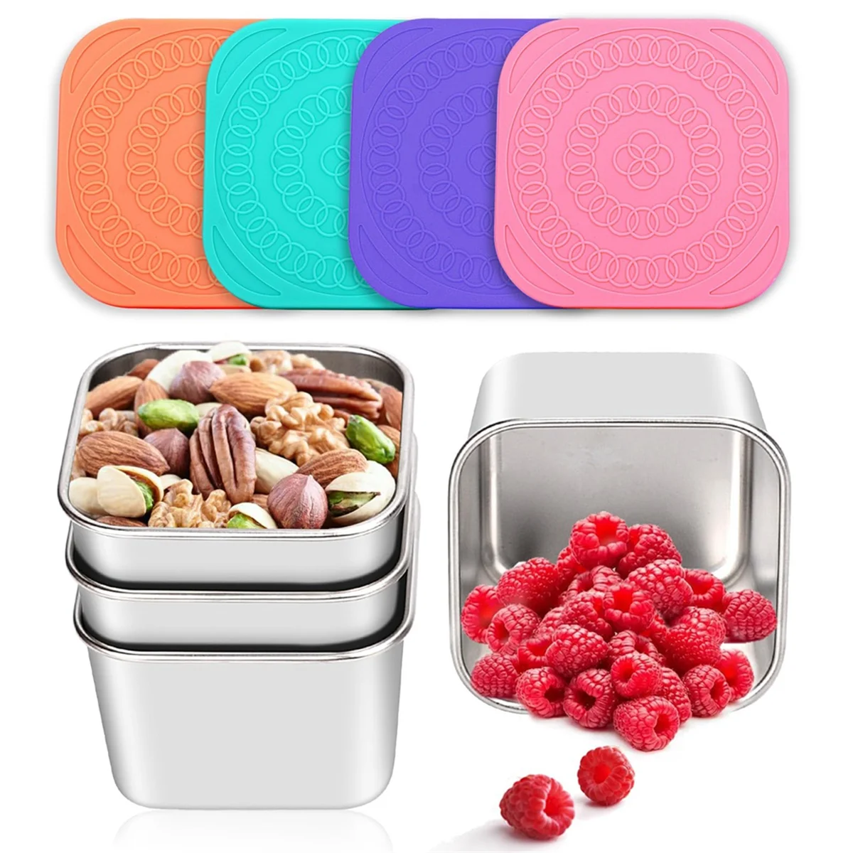 4Pack Stainless Steel Snack Containers for Kids, Leak-Proof Metal Food Storage Containers Stackable Mini Lunch Box(6Oz)