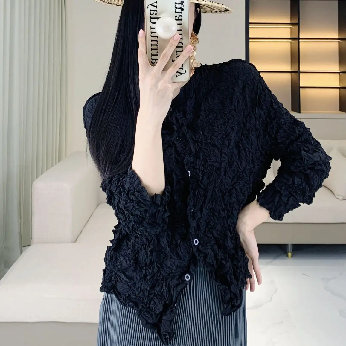 Miyake geplooide dames katoenen jas effen kleur single-breasted mode retro jas met lange mouwen herfst- en winterkleding