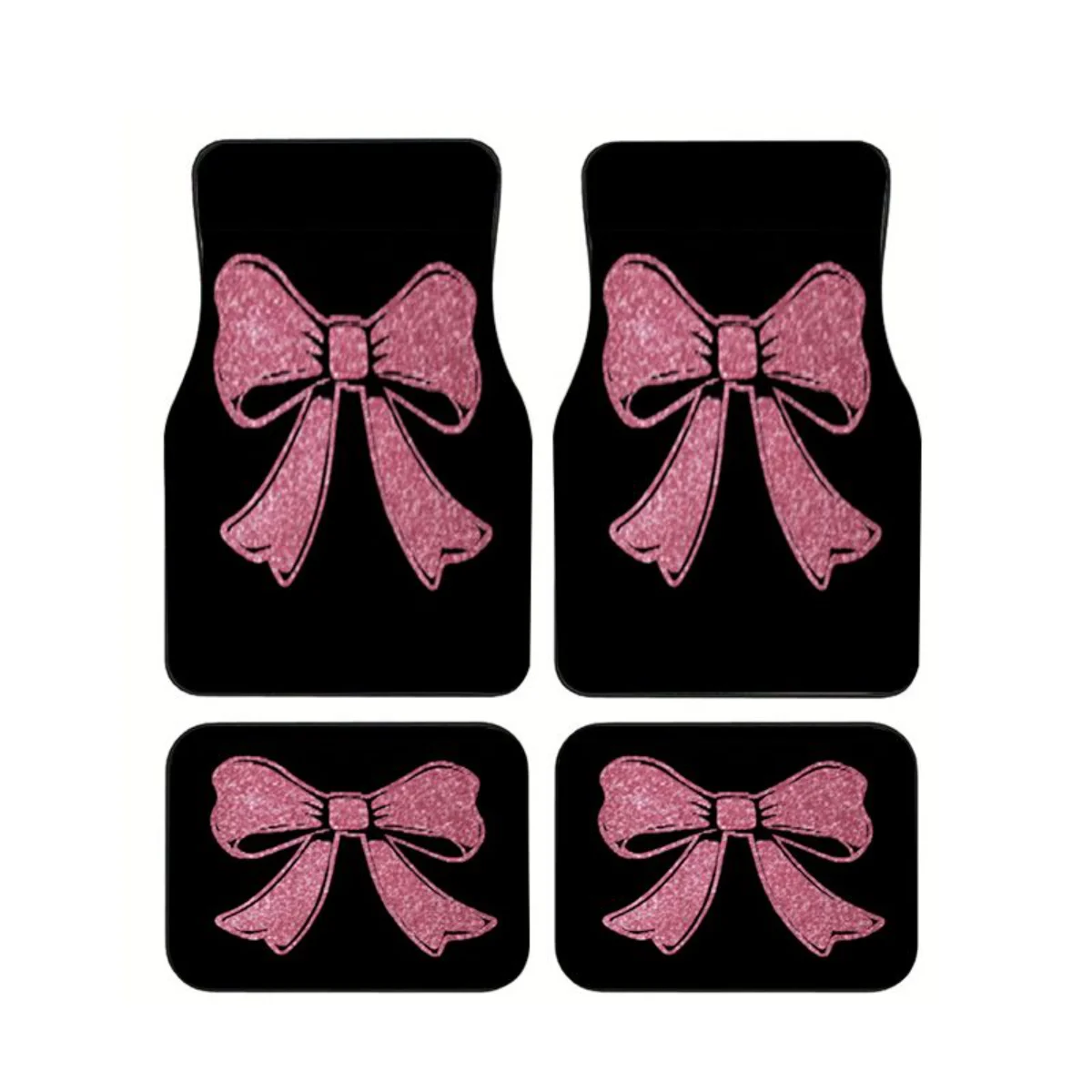 4 Alfombrillas Universales para Auto, Base Negra con Lazo Rosa Brillante, Impermeables, Antideslizantes, Alfombras para Auto, Diseño Femenino y Lindo