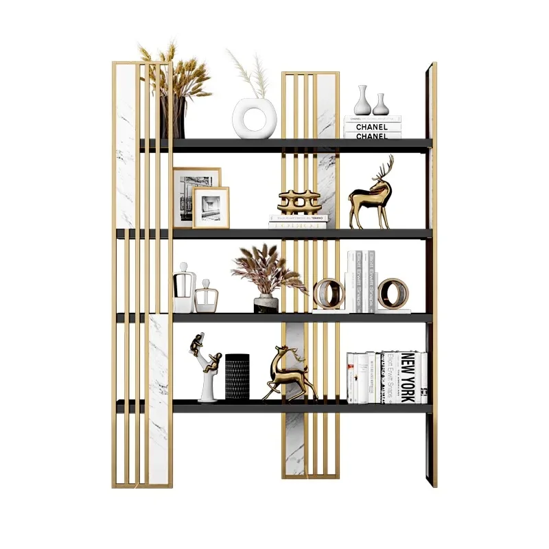 Light luxury office stainless steel bookshelf shelf study wall display cabinet living room floor ornament rack customization