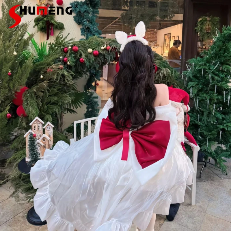 

Christmas Party Sweet Lolita Dress 2025 New Girl's Women Cute Big Bow Tail Off-Shoulder Ball Gown Dress Princess Birthday Dress