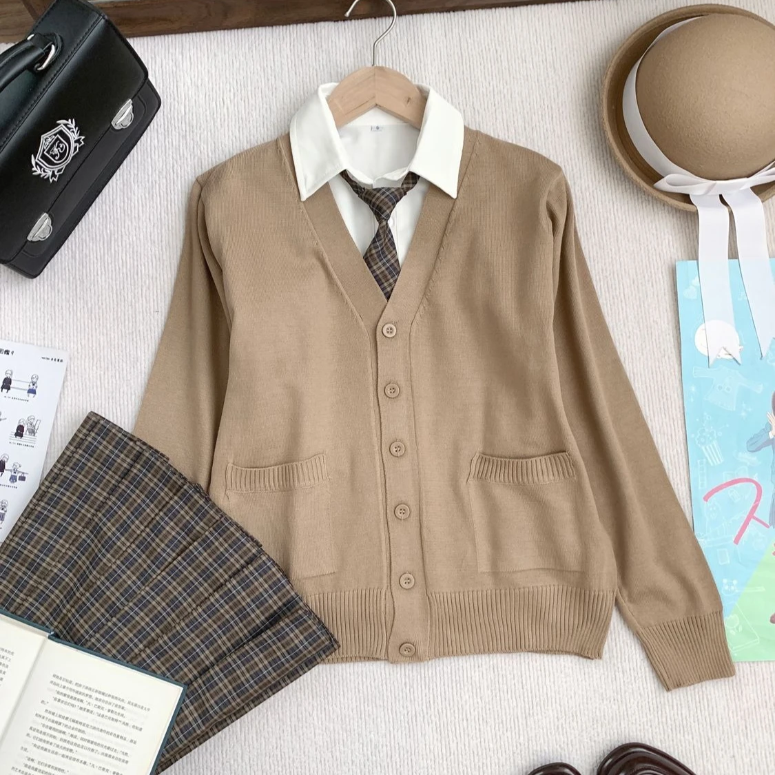 Japanese/Korean-style JK-inspired Three-piece Layered Outfit for Autumn Plaid Skirt Shirt and Cardigan Preppy/academic Aesthetic