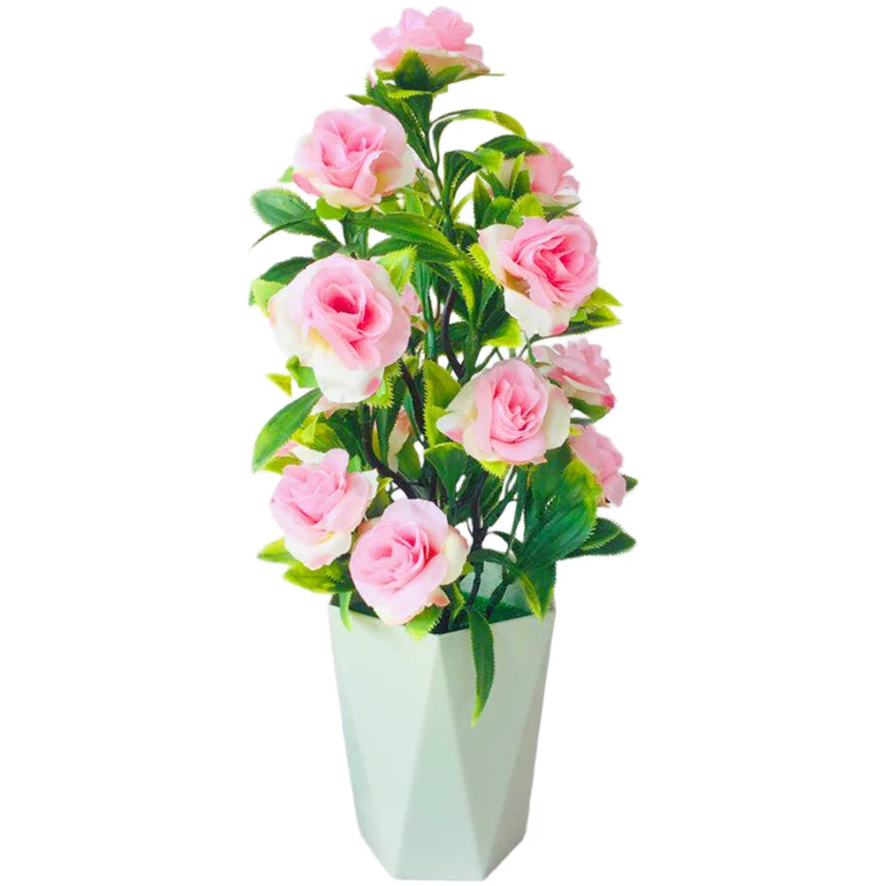 17-Unit Artificial Bonsai Featuring Silk Roses and Consistent Leaf Detailing in Plastic Pot for Continuous Display
