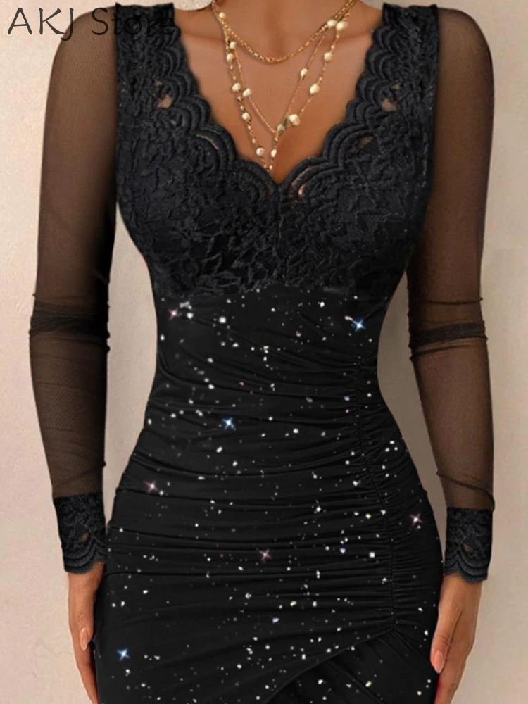 Abito aderente da donna con scollo a V in pizzo a maniche lunghe con volant glitterato