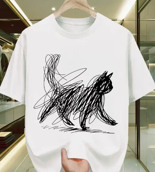 Abstract Cat Lines Minimalist Graffiti Cat Mom Cat Slave T-shirt Casual Short Sleeve Tops for Cat Women Tshirt