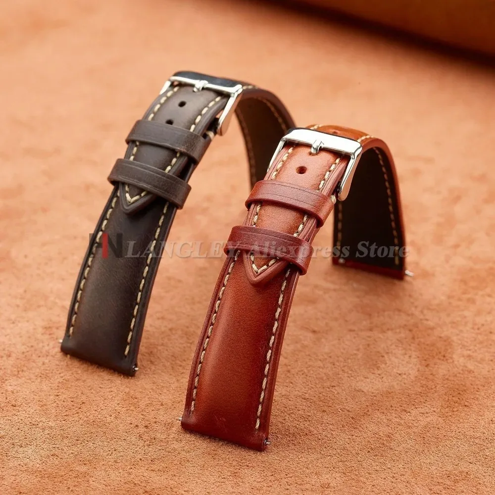 Vintage Oil Wax Leather Watch Strap 18mm 19mm 20mm 21mm 22mm Brown Head Layer Universal Watch Band Men Accessories Pins Buckle