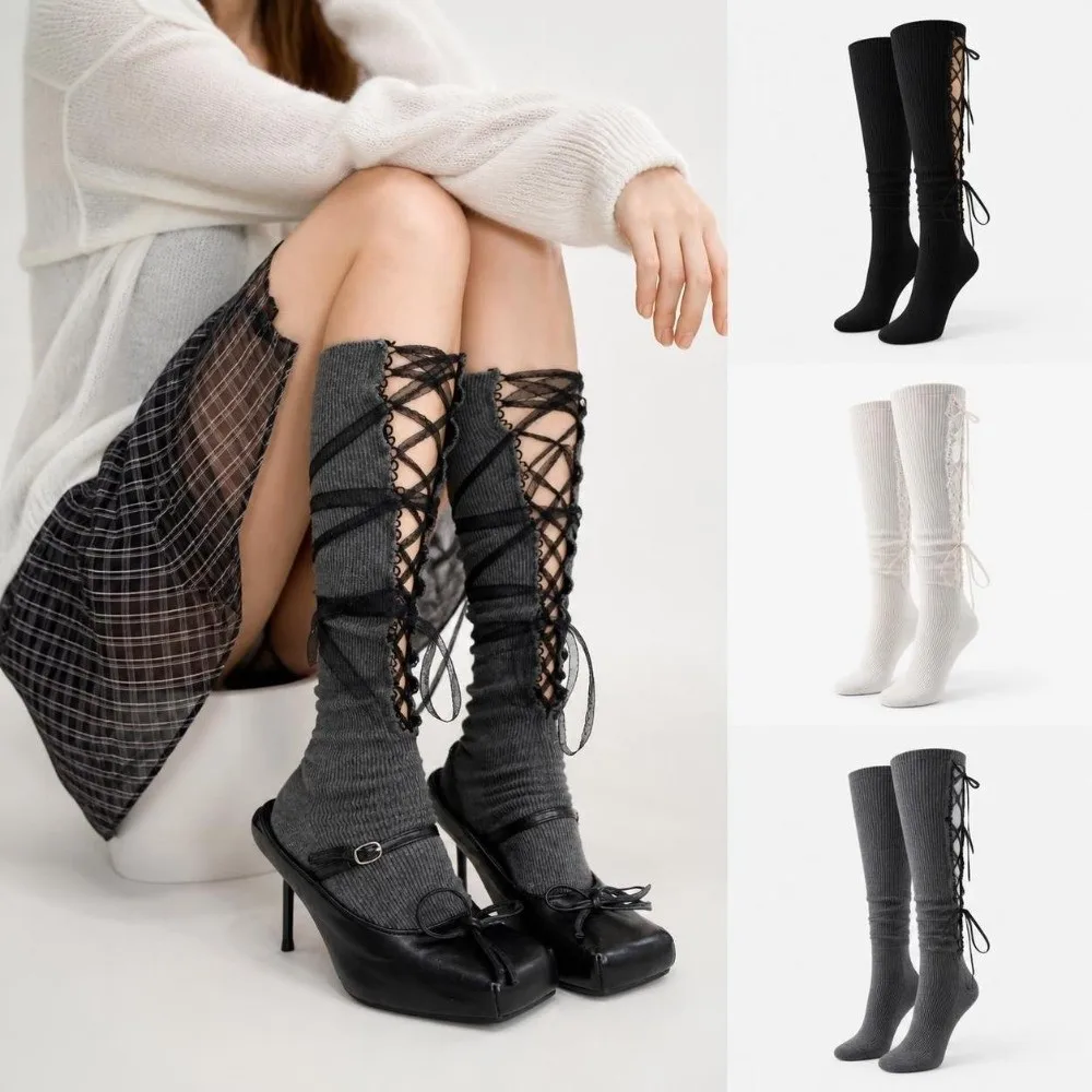 Cute Y2K Knee High Socks Ribbon Bow Solid Color Mid-calf Socks Lace Trim Dress Stacking Socks Women