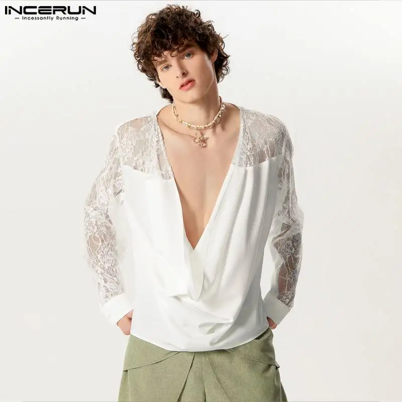 

INCERUN Tops 2024 American Style Men's Pile Up Collar Design Shirts Splicing Lace Handsome Male Solid Long Sleeved Blouse S-5XL