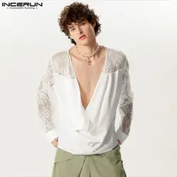 INCERUN Tops 2024 American Style Men's Pile Up Collar Design Shirts Splicing Lace Handsome Male Solid Long Sleeved Blouse S-5XL