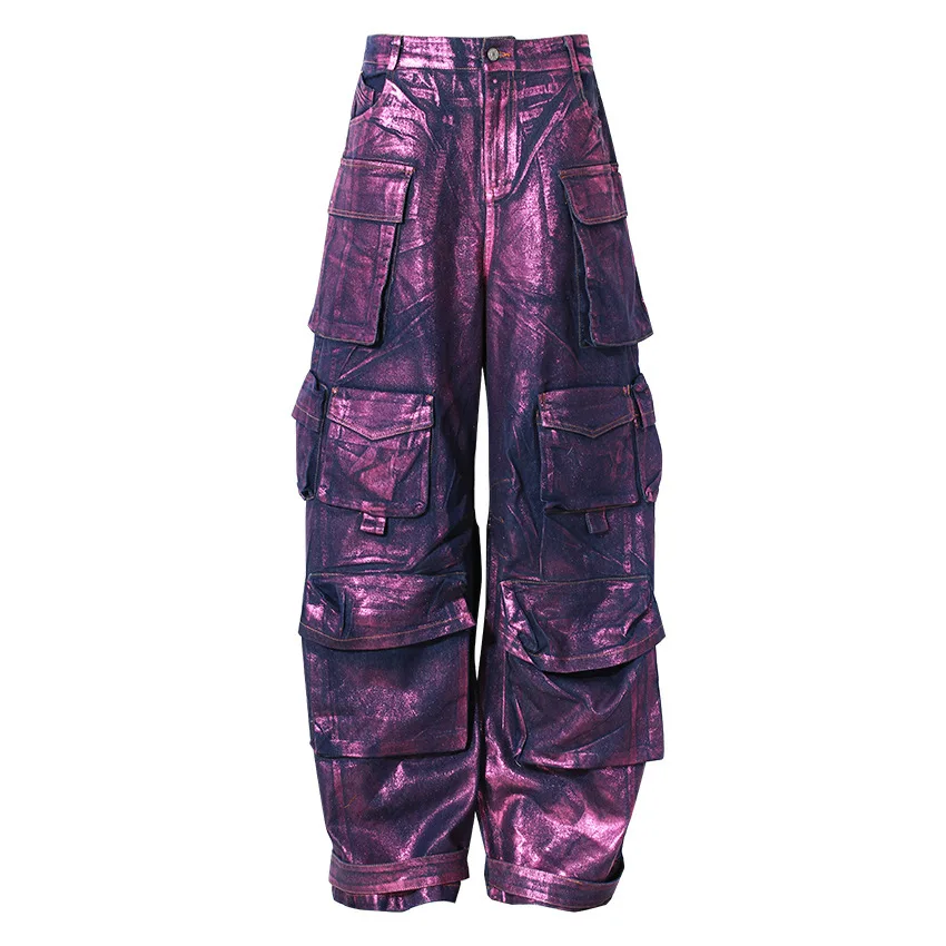 Purple Hot Stamping Niche Multi Bag Workwear 2024 Street Explosion Straight Tube Loose Sweeping Wide Leg Casual Pants Jeans