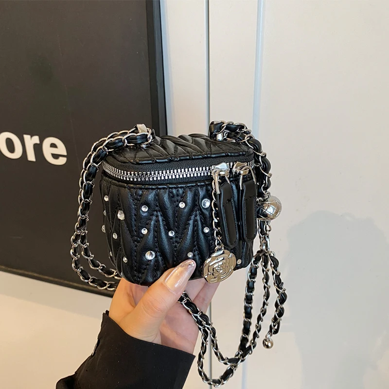 

Mini Coin Purse Lipstick Bag Ladies Studded Diamond Handbag Brand Quilted Shoulder Crossbody Bag Women Zipper Handbag Silver Bag