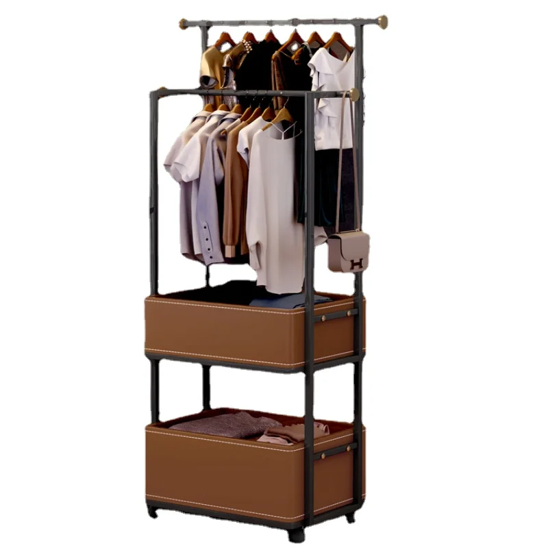 

Mobile clothes rack, bedroom stainless steel saddle leather storage, floor hanging