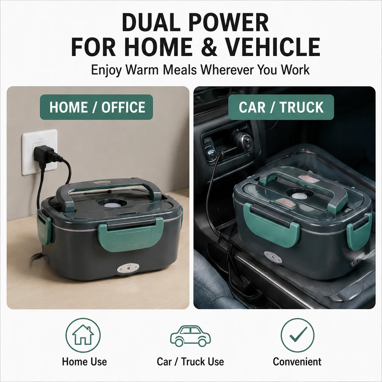 Electric lunch box with dual vehicle and household power cords, portable self-heating lunch container, equipped with insulation bag, fork and spoon, and inner box, suitable for cars, trucks, and offices.