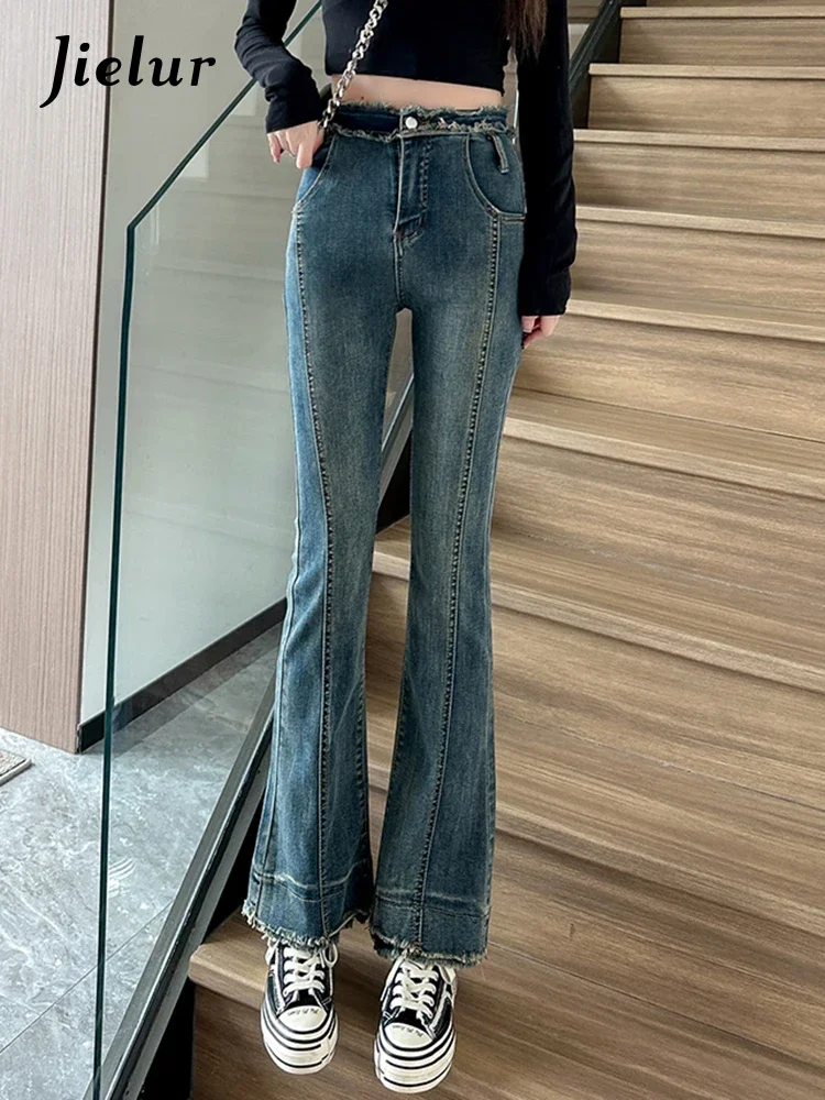 Jielur クラシックハイウエストフレアジーンズ女性ファッションレトロブルージーンズ女性の夏のカジュアル韓国スキニーデニムパンツ女性 Y2K