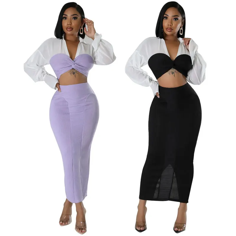 

Dress Sets Women Matching Sets Elegant V-Neck Long Sleeves Party Y2k Top Show High Waist Ankle Lenth Bodycon Skirt Night Club