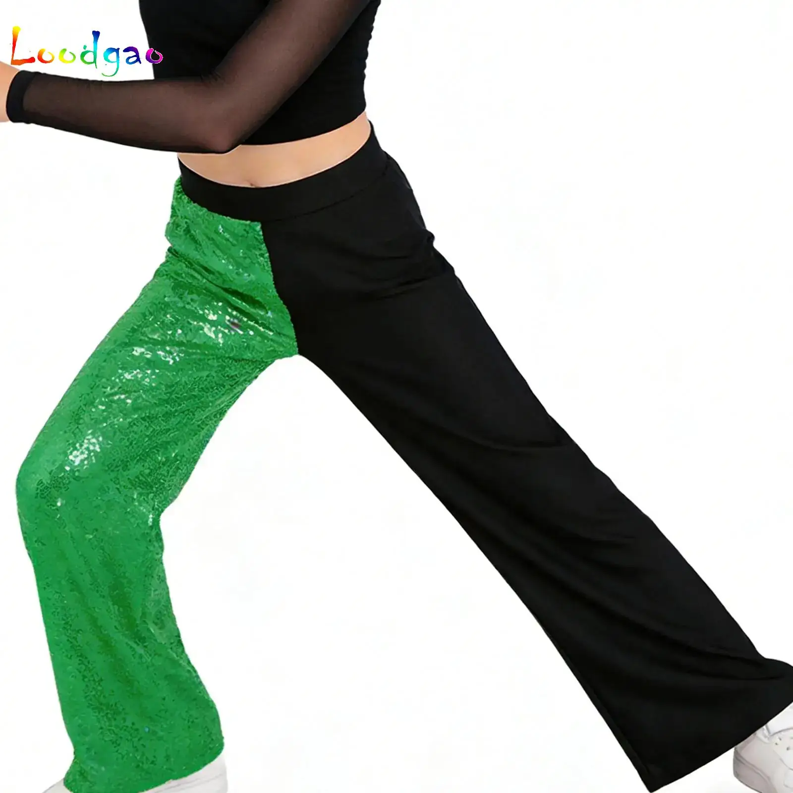 

Girls Shiny Sequins Wide Leg Pants Kids Color Block Trousers Lyrical Modern Hip Hop Jazz Dance Stage Stage Performance Costume