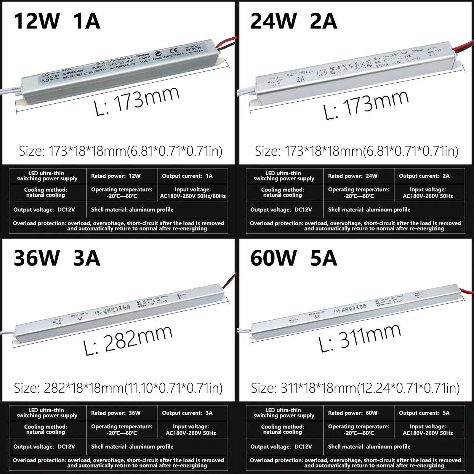 Imagem -02 - Ultrafinos Fonte de Alimentação Transformador de Iluminação Led Driver Dc12v 24v 12w 24w 36w 60w 72w ac 220v 1a 1.5a 2a 2.5a 3a 5a 6a