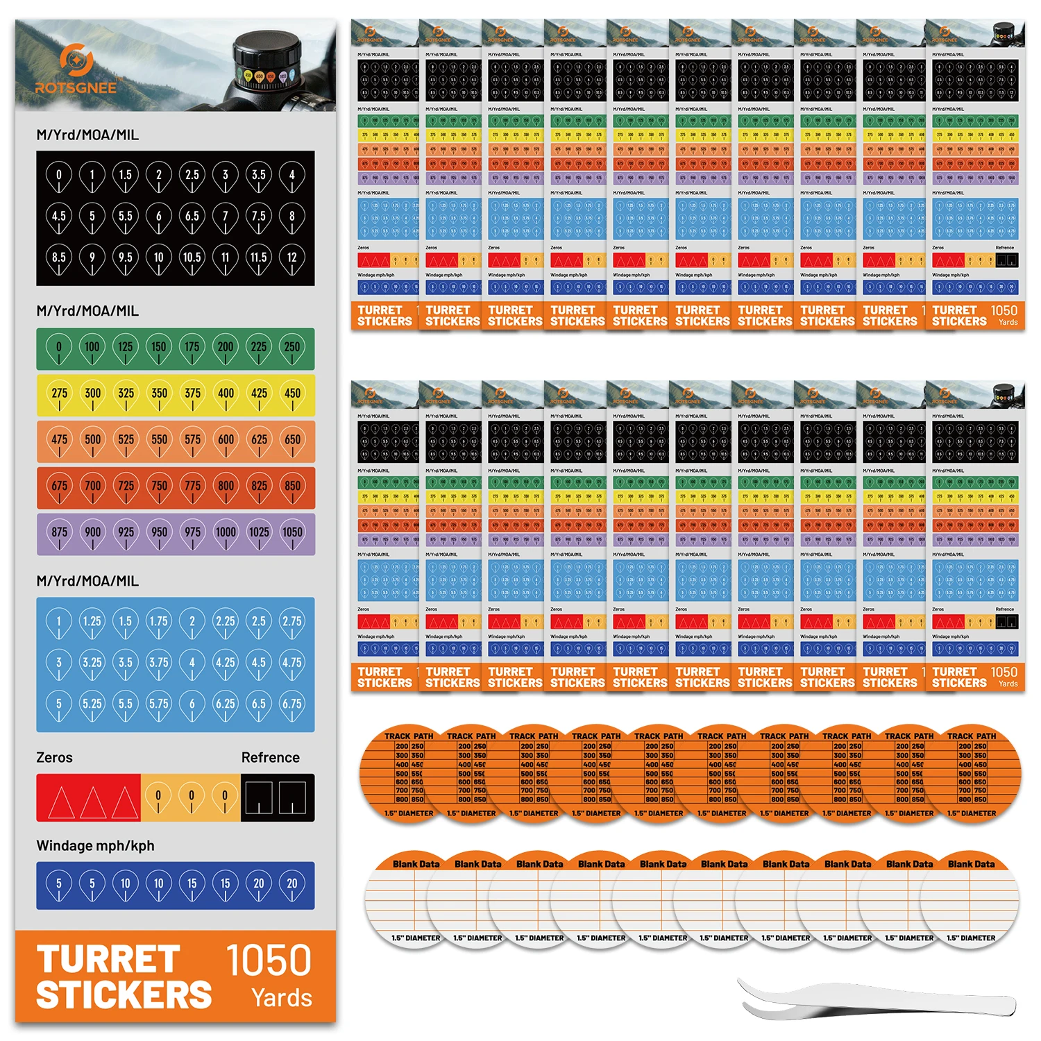 Universal Scope Turret Stickers 1050 Yards Quick Adjustment MOA MIL Dope Stickers Waterproof Hunting Shooting Optical Accessories.