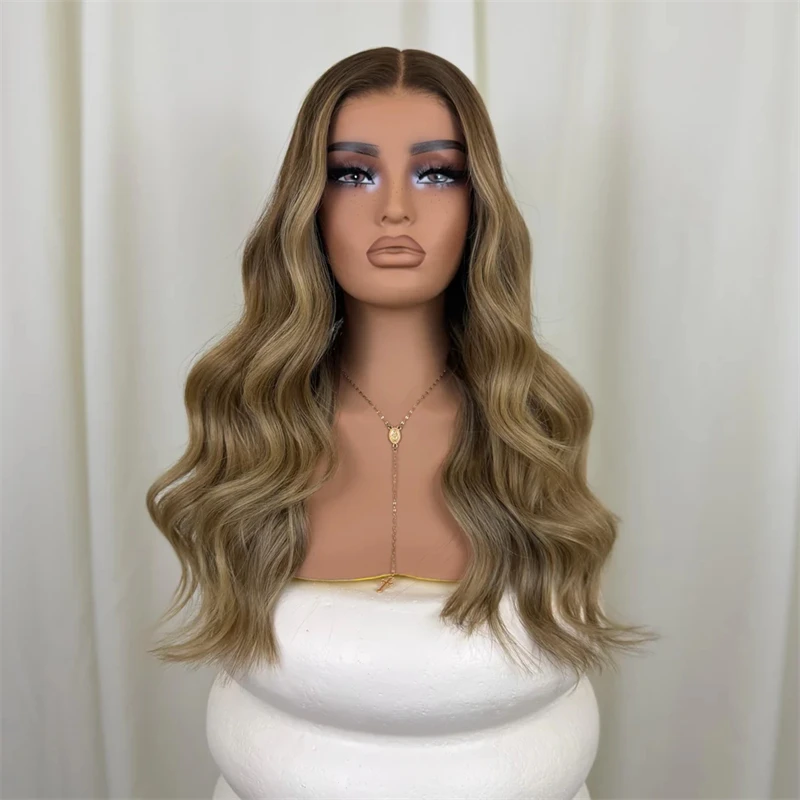 Small/Large Size Cap 13x4 Middle Part Ombre Brown Blonde Highlights Glueless Wigs Heat Resistant Synthetic Hair Wig Body Wave
