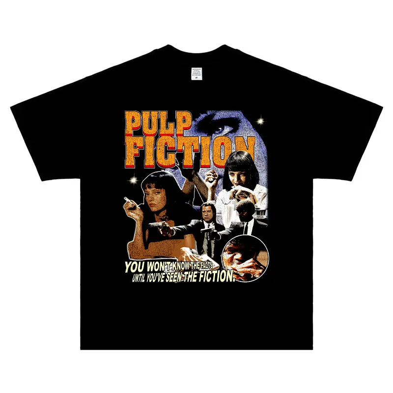 Pulp Fiction T Shirt Hip Hop Vintage Washed Movie Old School Top Tees Oversized T-shirt Short Sleeve Sweatshirts Man 100% Cotton