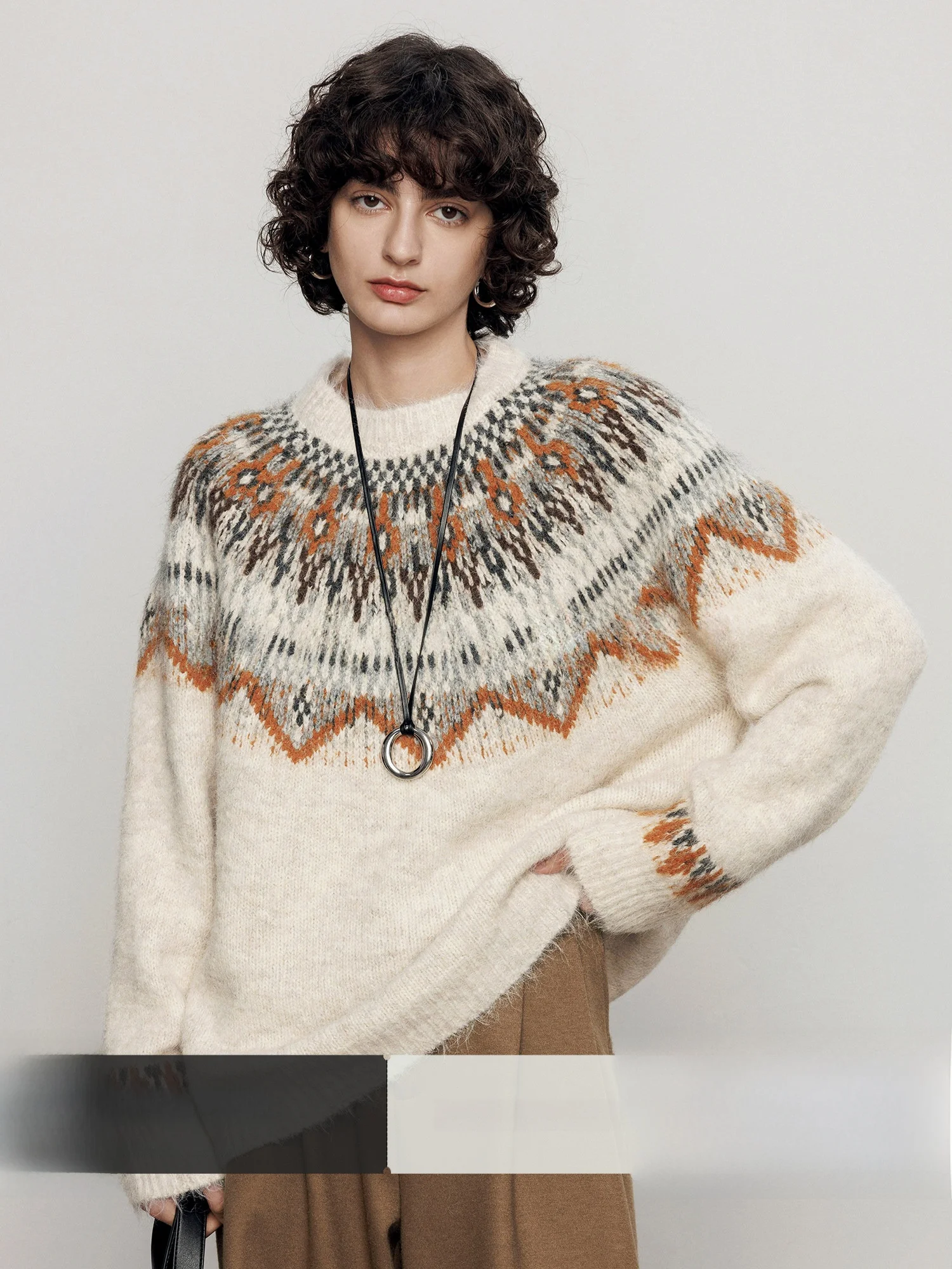 

Retro Wool Fair Isle round Neck Knitwear Women's Loose Soft Spring New Style Casual Fashion Polyester Fiber Long Sleeve Top