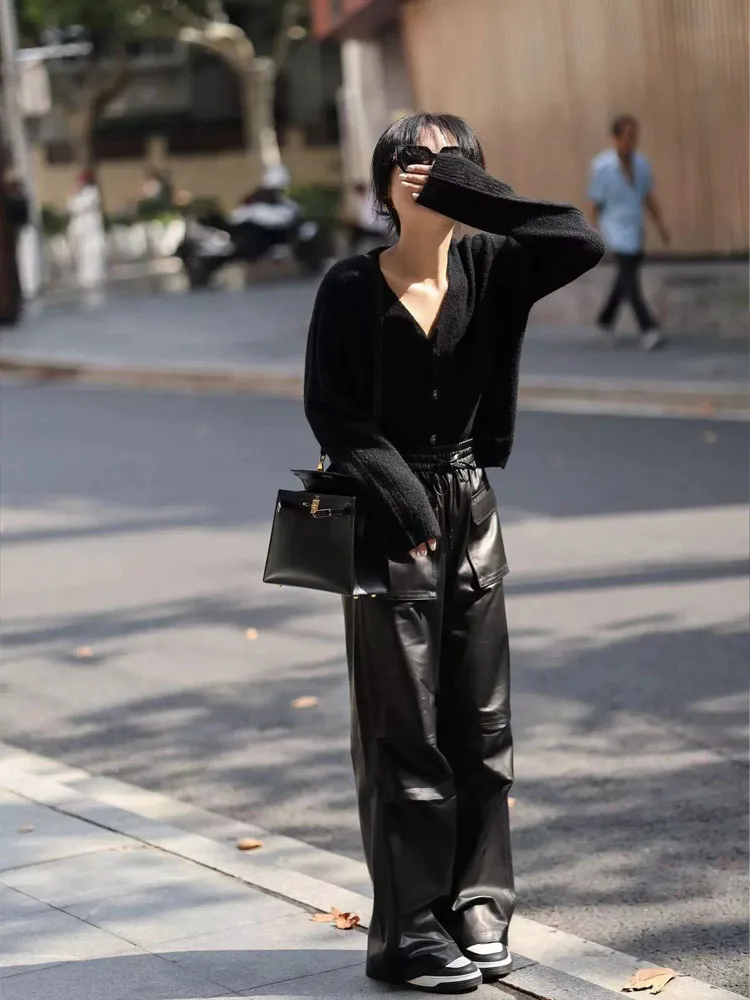 New Fashion Women Loose Fit Straight Wide Leg Pants Autumn OL Big Pockets Elastic Waist Sheepskin Genuine Leather Cargo Pants