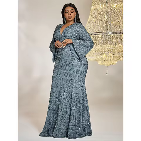 Plus Size V-Neck Multi-Color Sequined Shiny Bell-Sleeve Floor-Length Evening Dress 5xl 6xl Big Size Luxury Long Prom Dress