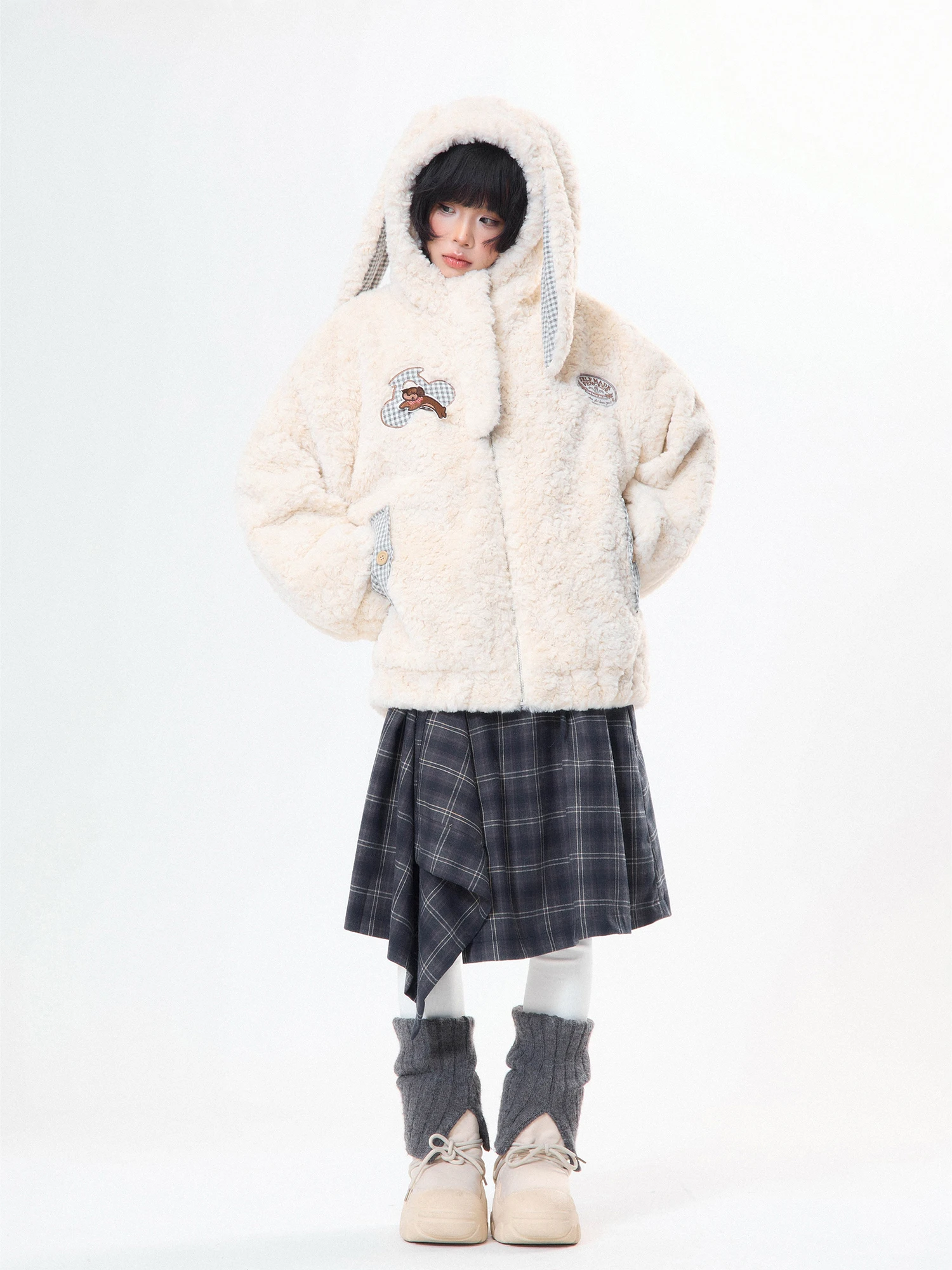 

Cute Rabbit Ear Lamb Velvet Jaet Women's Winter Soft Sweet Loose Long Sve Warm Cotton Coat Polyester Fabric Hooded