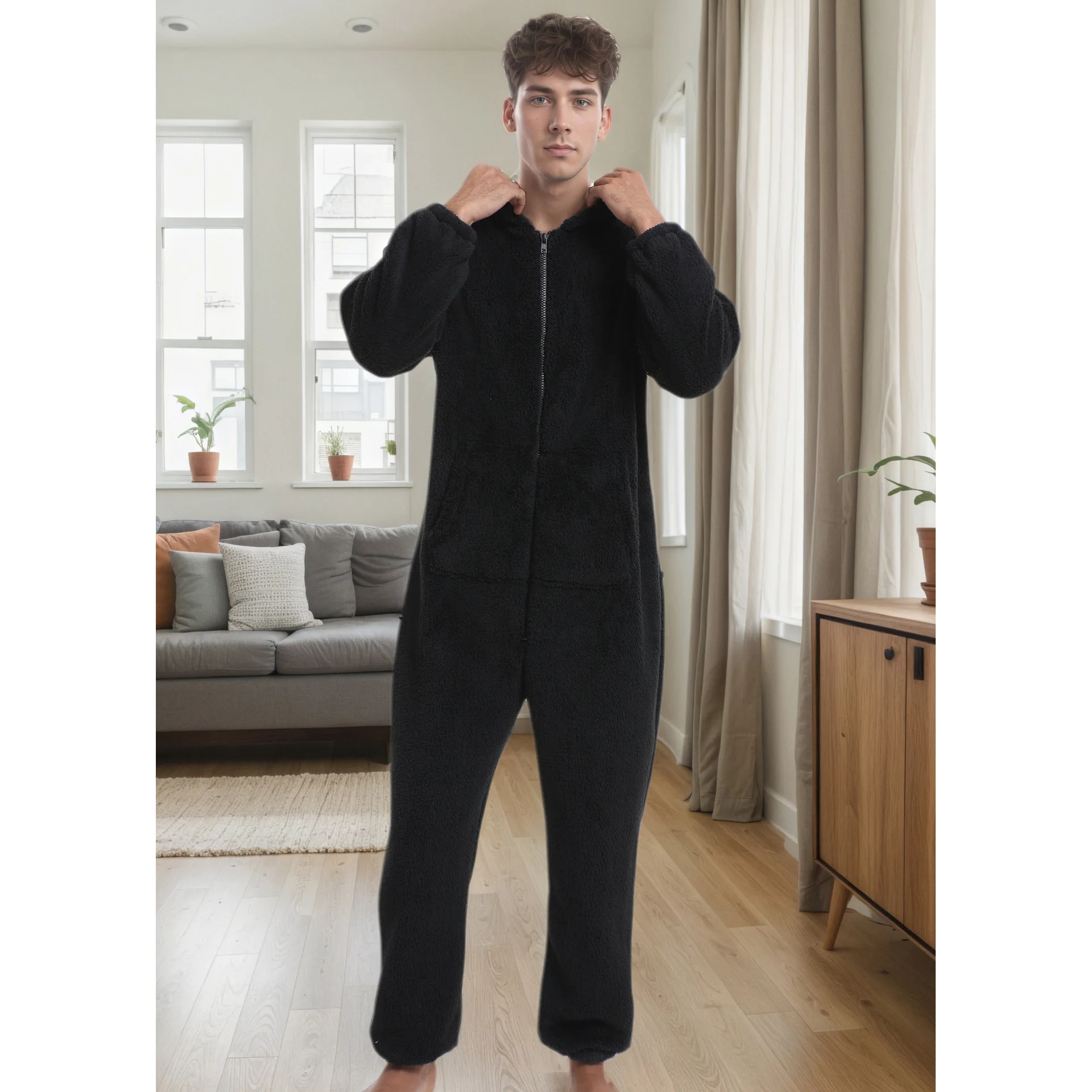 Autumn and Winter Men's Thick Velvet Hat Set Solid Color Simple Pajamas Loose Casual Home Clothes