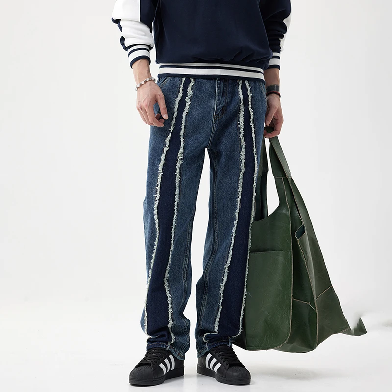 Y2K street fashion striped spliced men's jeans hip hop casual black loose men's trousers 2024 fall New Products