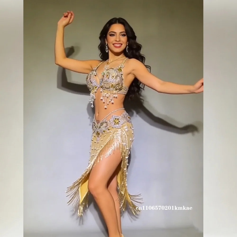 

Belly Dancer Costumes High End Customized Luxury AB Stones Bra+Sexy Tassel Skirt 2pcs Adult Competition Performance Outfit