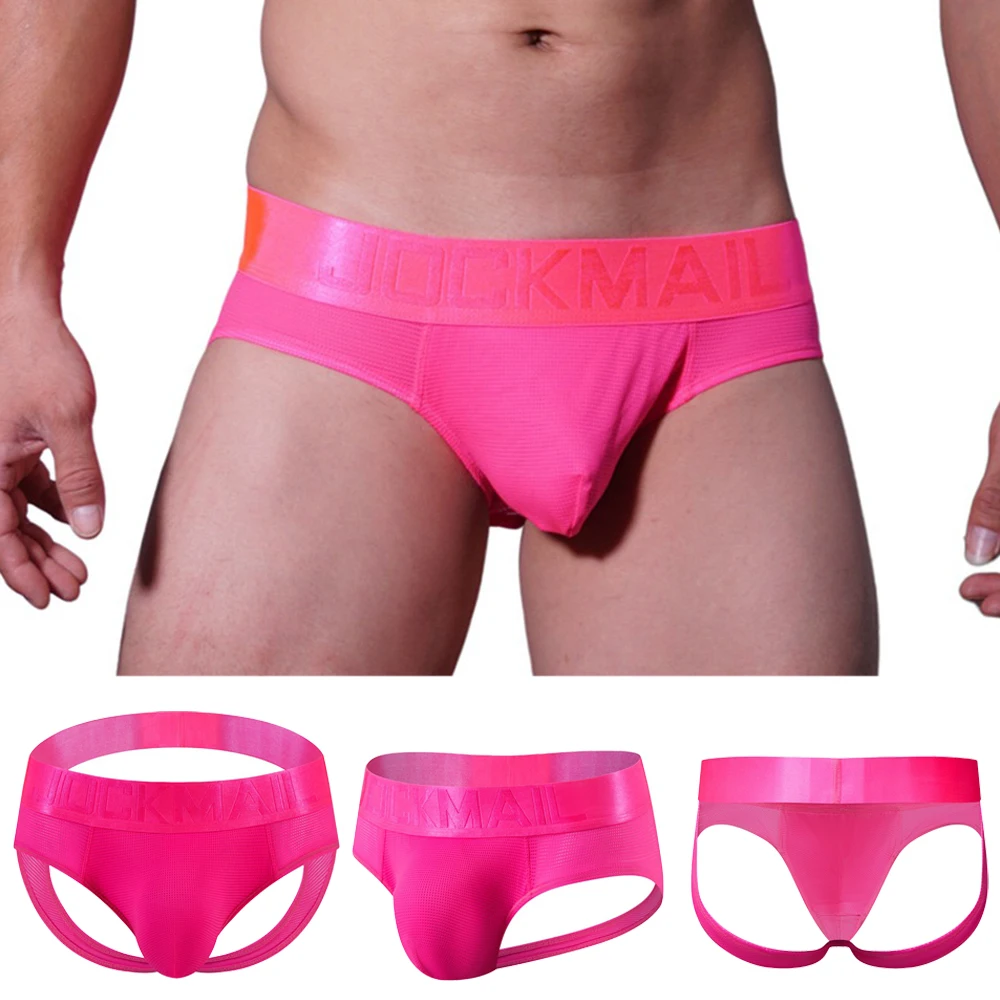Jockmail Mens Thongs Sexy Low Waist Solid Color Nylon Mesh Bikini Panties Back Empty Hip Lift Underwear Man String Panties