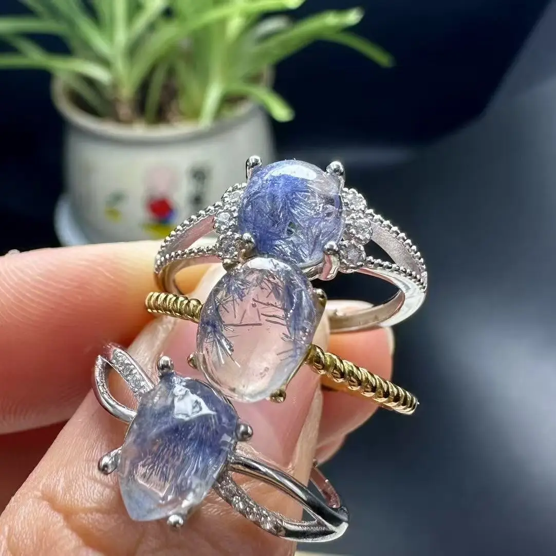 

Unit One Piece 925 Silver Inlay Natural Blue Dumortierite Crystal Various Style Finger-rings For Gift