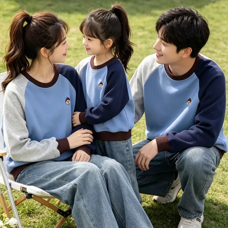 Family Matching Outfits Crew Neck Color Block Raglan Sweatshirt Mom Dad Son Daughter Kids Parent‑Child Pullover Autumn Tops
