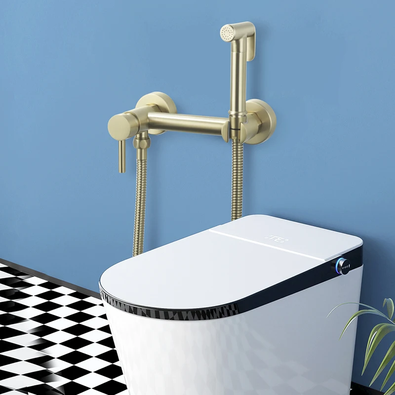 Brushed Gold Bathroom Bidet Toilet Faucet Wall Mounted Toilet Hand Held Bidet Sprayer Kit Bathroom Hot and Cold Mixer Valves