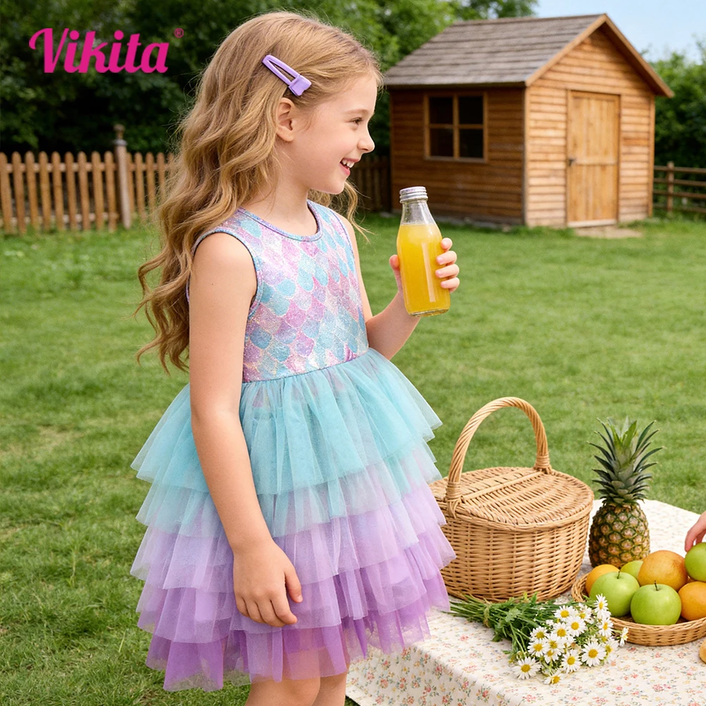 VIKITA Kinder-Strandkleid mit Pastell-Ombre-Lavendel-Meerjungfrauen-Print, ärmelloses Sommerkleid mit Farbverlauf und mehrlagigem Party-Tutu für Mädchen