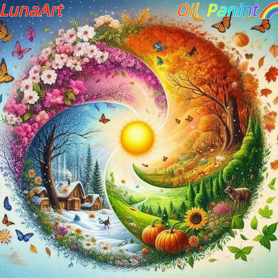 

Цифровая картина маслом своими руками: круговой пейзаж четырех сезонов, цифровая раскраска, подходит для начинающих, подарок с ручной росписью.