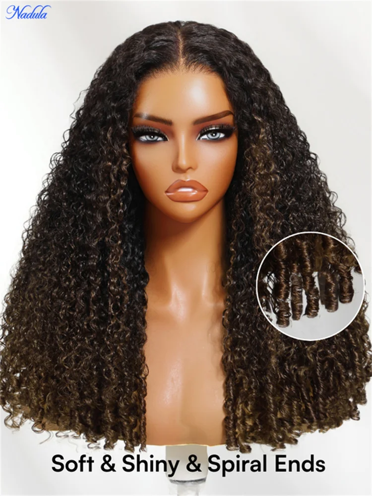 Nadula Burmese Curly Glueless Wig with Finger Coils End Chestnut Brown Ombre 7x5 Pre Cut HD Transparent Lace Pre Bleached Knots 100% Human Hair Wig with Drawstring Ready to Wear Suitable for All Heads Size view 5