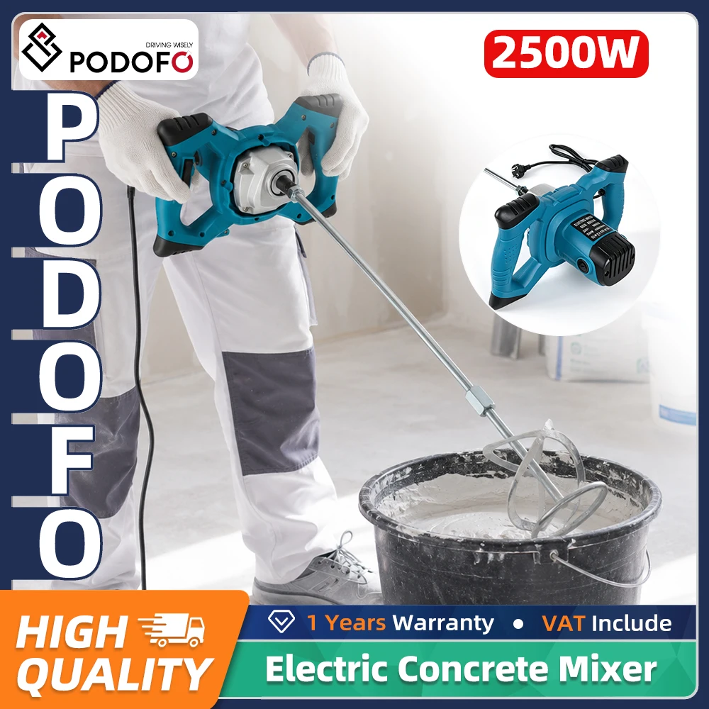 Podofo Mezcladora de Cemento Eléctrica Portátil de 2500W, 6 Velocidades Variables, 1200 RPM, Máquina Mezcladora de Mortero, Adecuada para Pintura, Yeso, Mortero, Paneles de Yeso, Hormigón