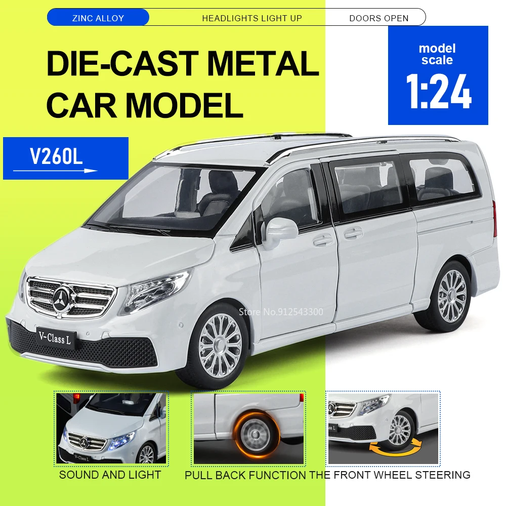 

1:24 Scale V260L E300 Model Car Toy Doors Opened Metal Diecast Models Sound Light Pull Back Vehicle Livingroom Decorations
