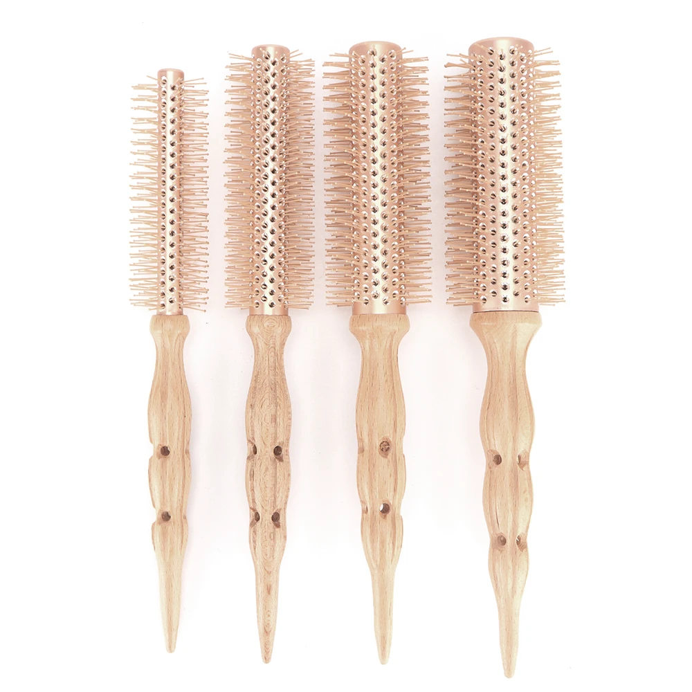 Professional Wood Handle Round Rolling Brush Straight Twill Hair Comb Heat-Resisting Round Barrel Hair Curling Brush Barber Tool