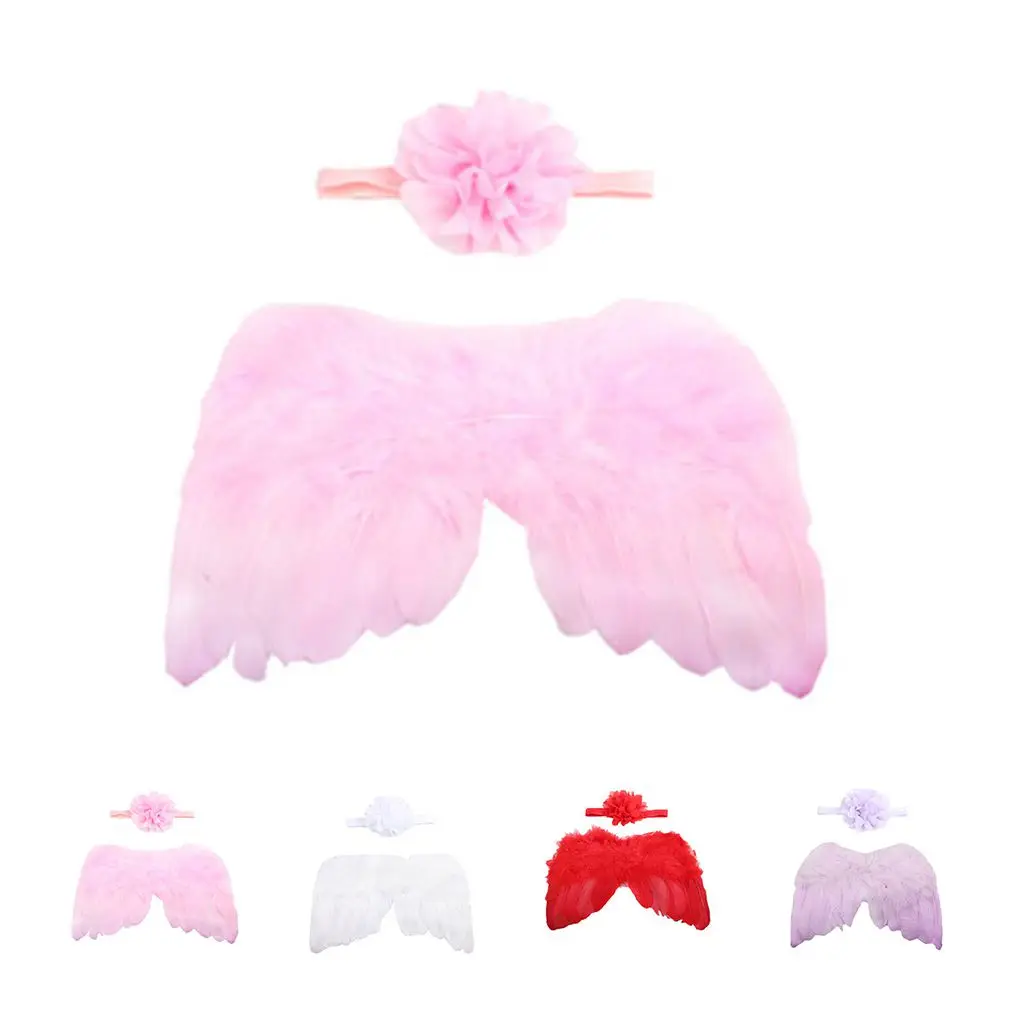 Baby Newborn Solid Color Angle Feather Wing And Flower Headband Photograph Prop Suit Infant Clothes Suit