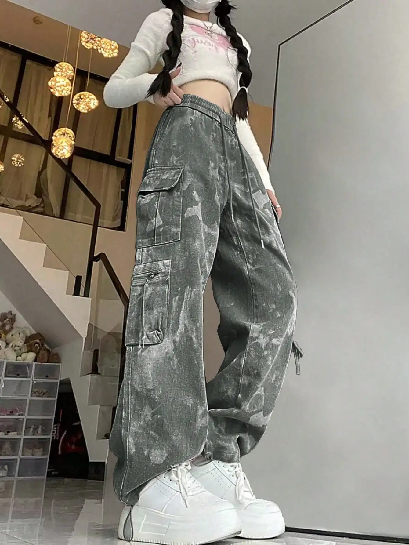 Women's Casual Sports Workwear Pants, High School Y2k Straight-leg Wide-leg Pants and Pocket Streetwear