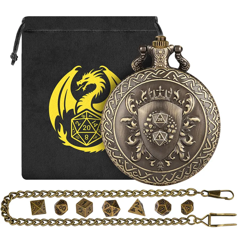 

Retro D20 and D1 Shield Pattern Pocket Watch Shell Case 7pcs Mini Size Metal Polyhedral Dice Set for RPG Gaming Storage Gift Bag