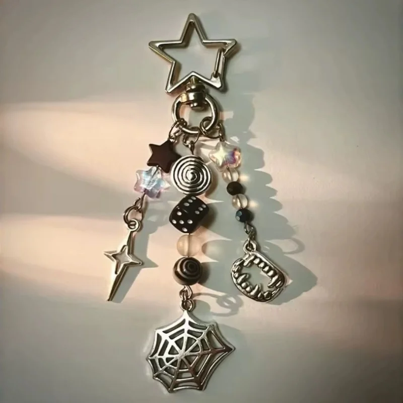 Spider Web Spiral Star Keychain Gothic Aesthetic Key Ring for Women Men Friendship Gift Handbag Decoration Handmade Jewelry