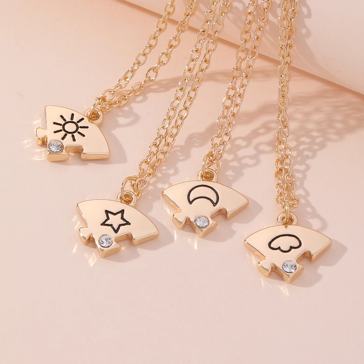 Set Of 4 Sun Moon Star Cloud Puzzle Round Necklace Gold Best Friends BFF Jewelry For Bestie Sibling Friendship Gift