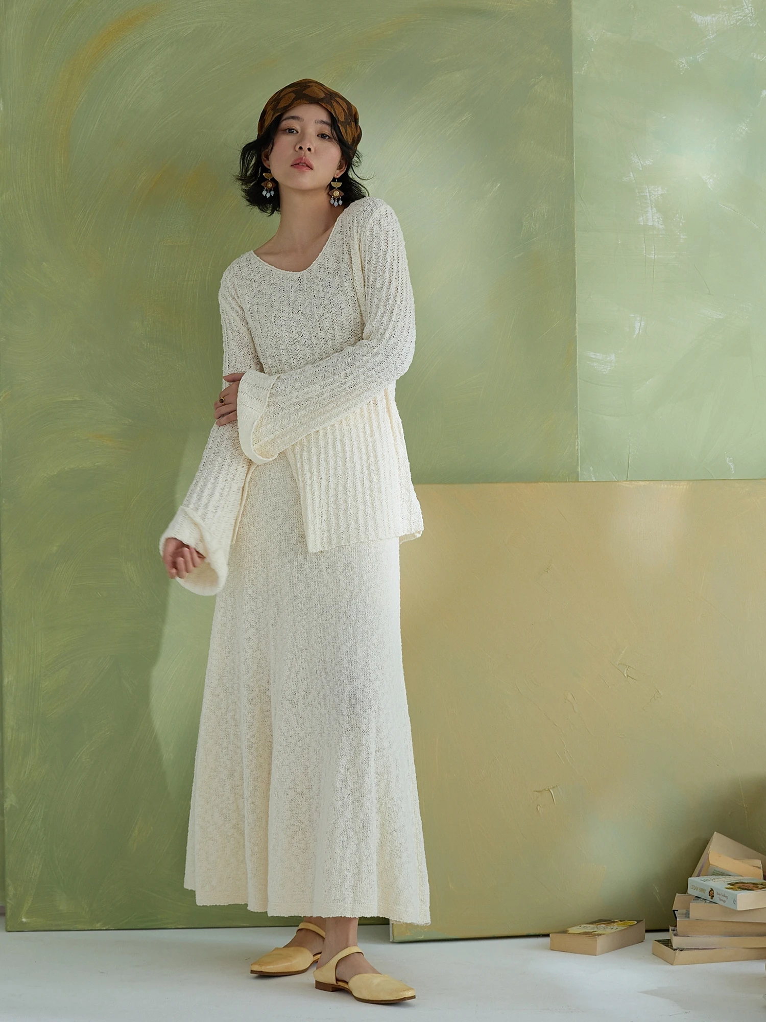 

WeTHEE Romantic Vacation Style Knitted Set Textured Large V-Neck Bell Sleeve Umbrella Fish Tail Skirt Fashionable Women's Ens...