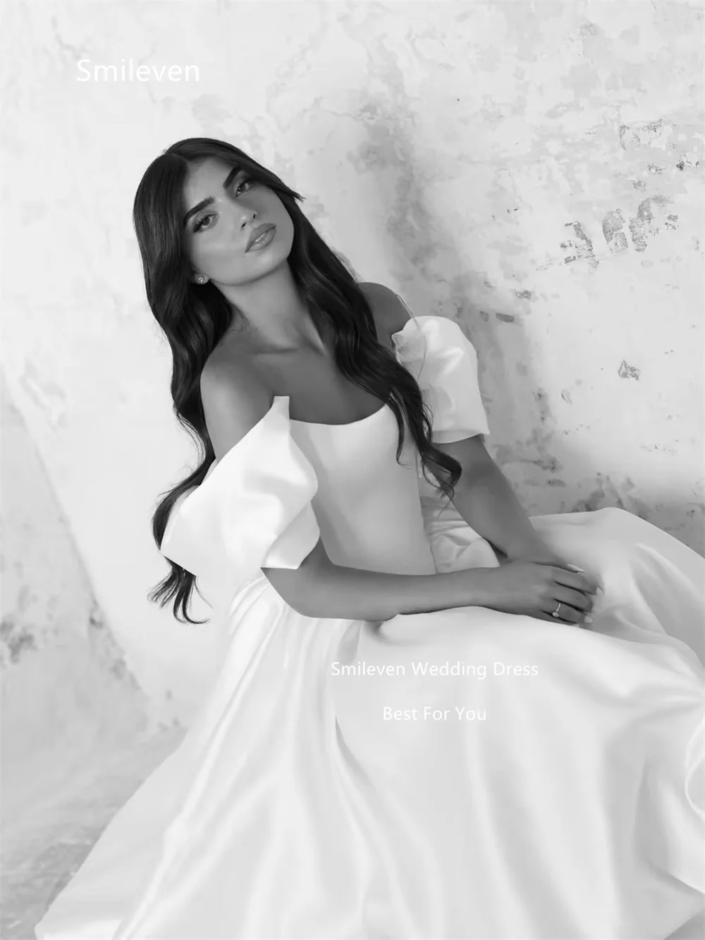 Smileven White Ball Gown Wedding Dresses Off‑the‑Shoulder Square Neck Puff Short Sleeve Bridal Dress Pockets Gowns Customized