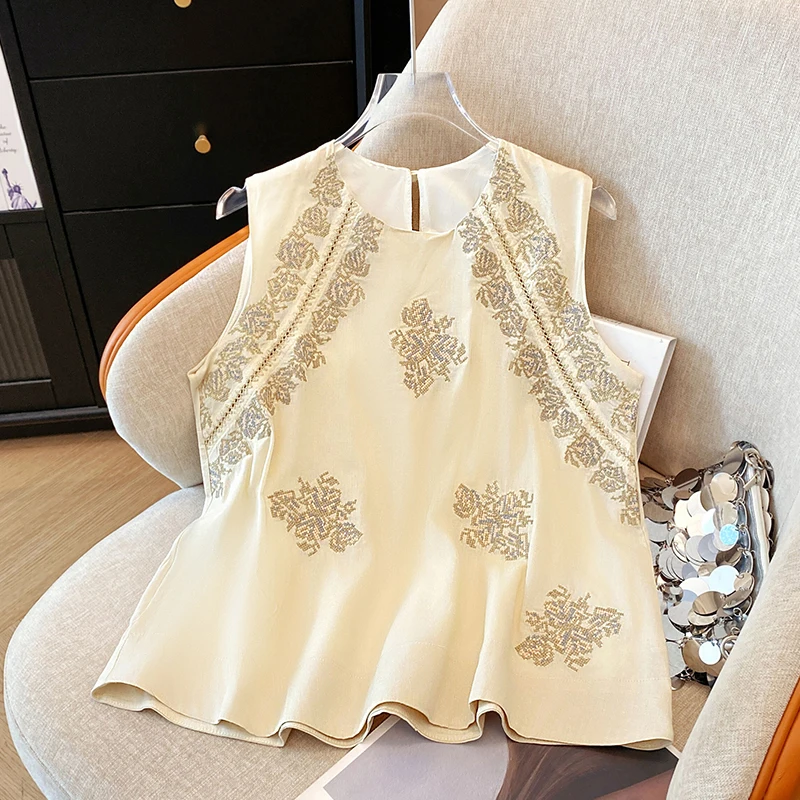 

Новая китайская модная вышитая круглая безрукавка-топ для женщин, лето 2025, трендовая традиционная одежда